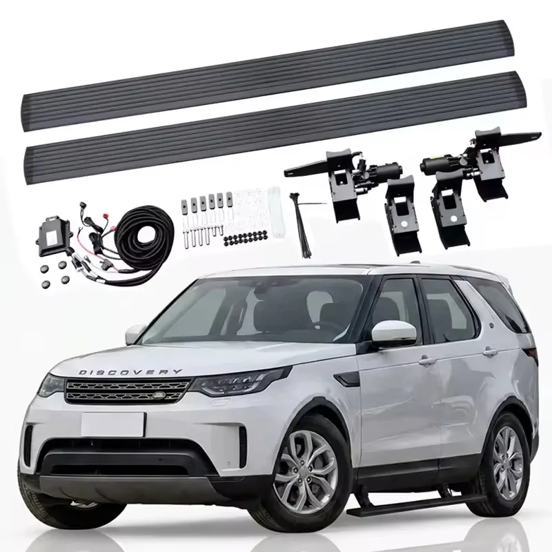 Complete kit for Land Rover Discovery 5 Electric Side Steps, featuring dual running boards, motors, mounting brackets, and wiring harness, displayed above a white Land Rover Discovery 5.