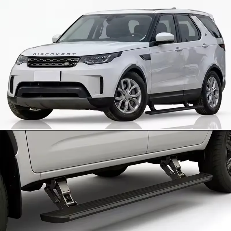 White Land Rover Discovery 5 Electric Side Steps shown from a front three-quarter angle, with a close-up inset detailing the deployed motor and bracket mechanism.