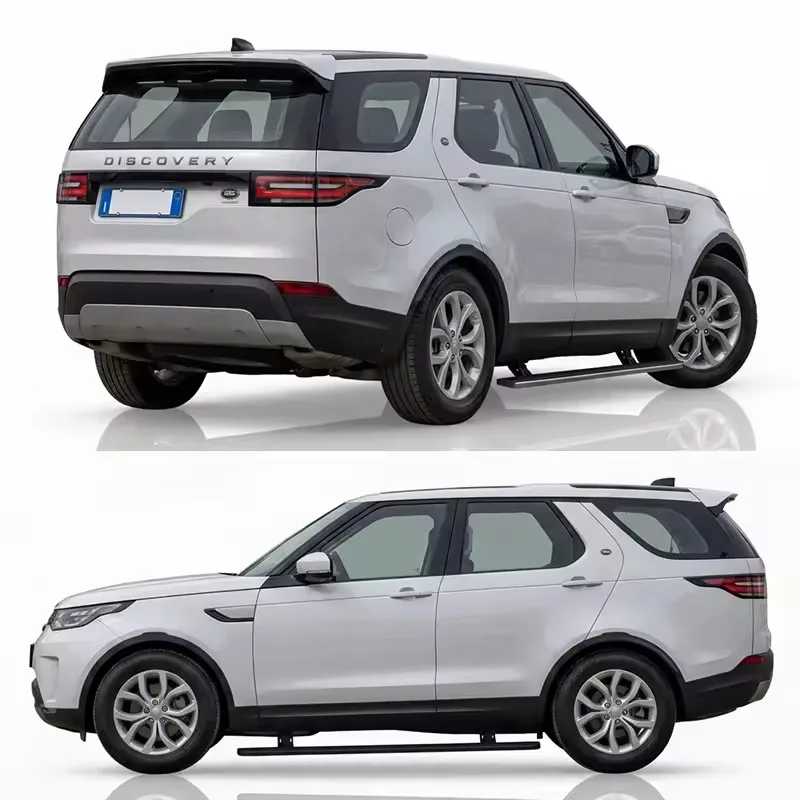 White Land Rover Discovery 5 Electric Side Steps shown from a front three-quarter angle, with a close-up inset detailing the deployed motor and bracket mechanism.