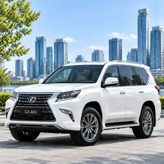 White Lexus GX 460 SUV parked in a city, featuring lexus electric running boards and a chrome grille.
