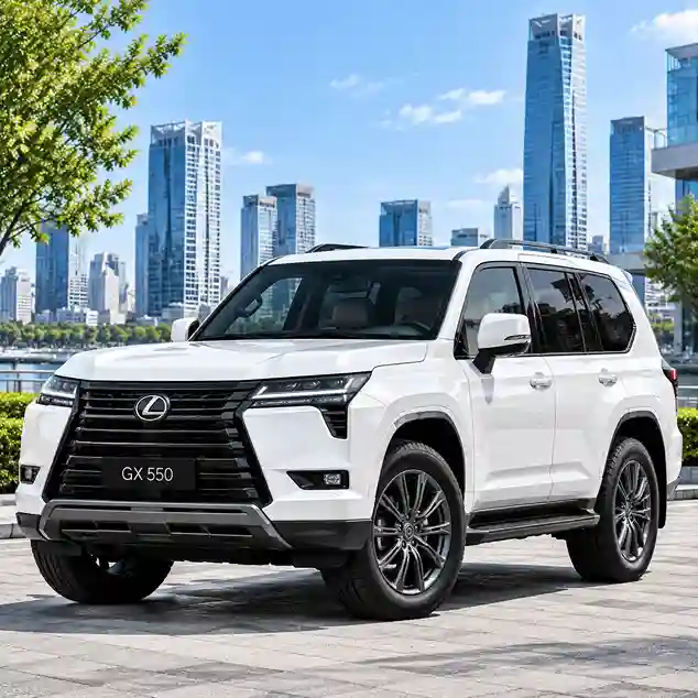 White Lexus GX 550 off-road SUV equipped with lexus electric running boards, parked on a city street.