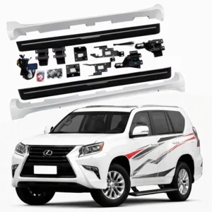 Complete lexus gx460 electric running boards kit with side steps, motors, brackets, and wiring displayed above a white Lexus GX460 SUV with graphics.