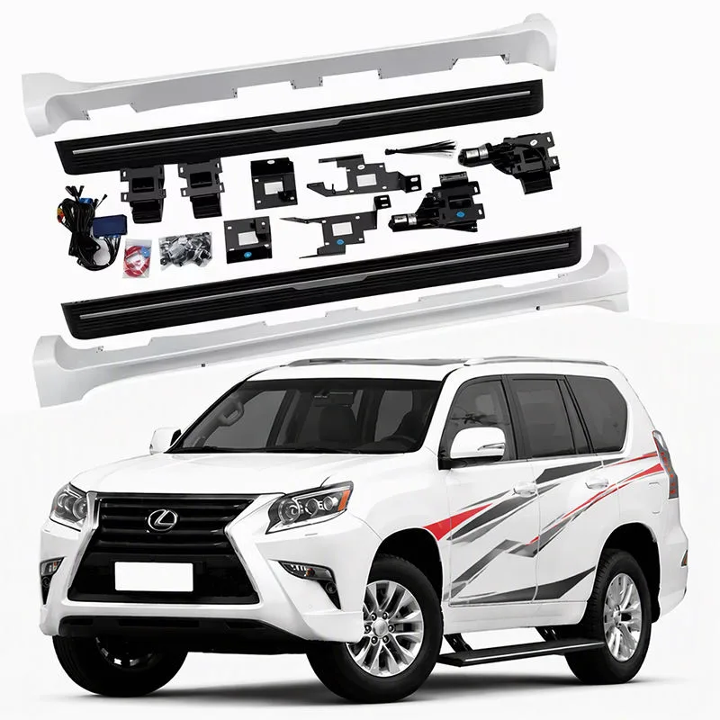 Complete lexus gx460 electric running boards kit with side steps, motors, brackets, and wiring displayed above a white Lexus GX460 SUV with graphics.