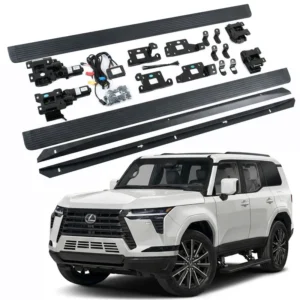 Complete lexus gx550 electric running boards kit with step bars, motors, brackets, and wiring displayed above a white Lexus GX550 SUV.