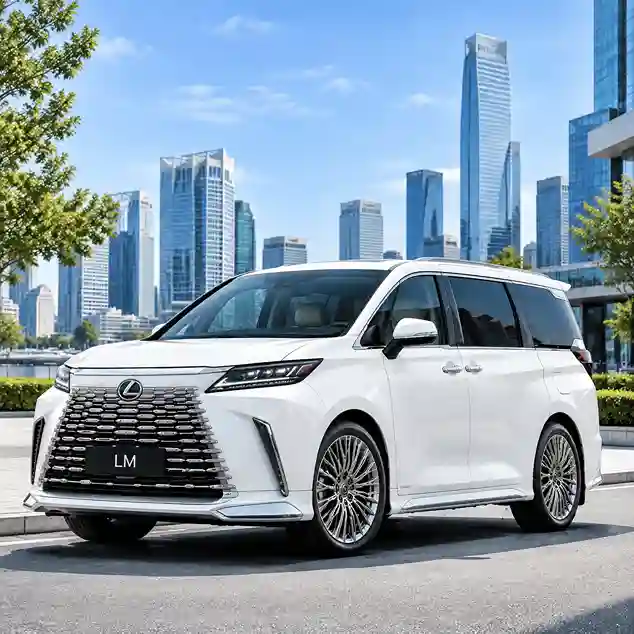 White Lexus LM luxury minivan with lexus electric running boards, parked in an urban setting with skyscrapers.