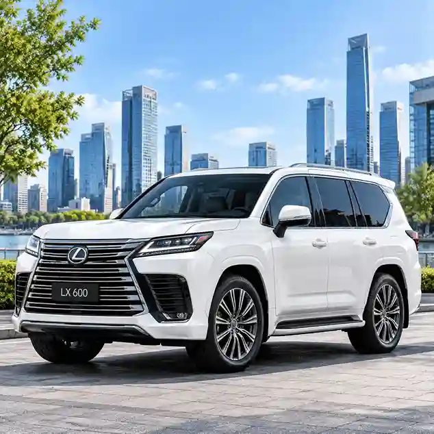 White Lexus LX 600 luxury SUV with lexus electric running boards, parked against a modern city skyline.