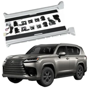 Complete lexus lx600 electric running boards kit showing two side steps, motors, brackets, wiring harness, and control module displayed above a silver Lexus LX600 SUV.