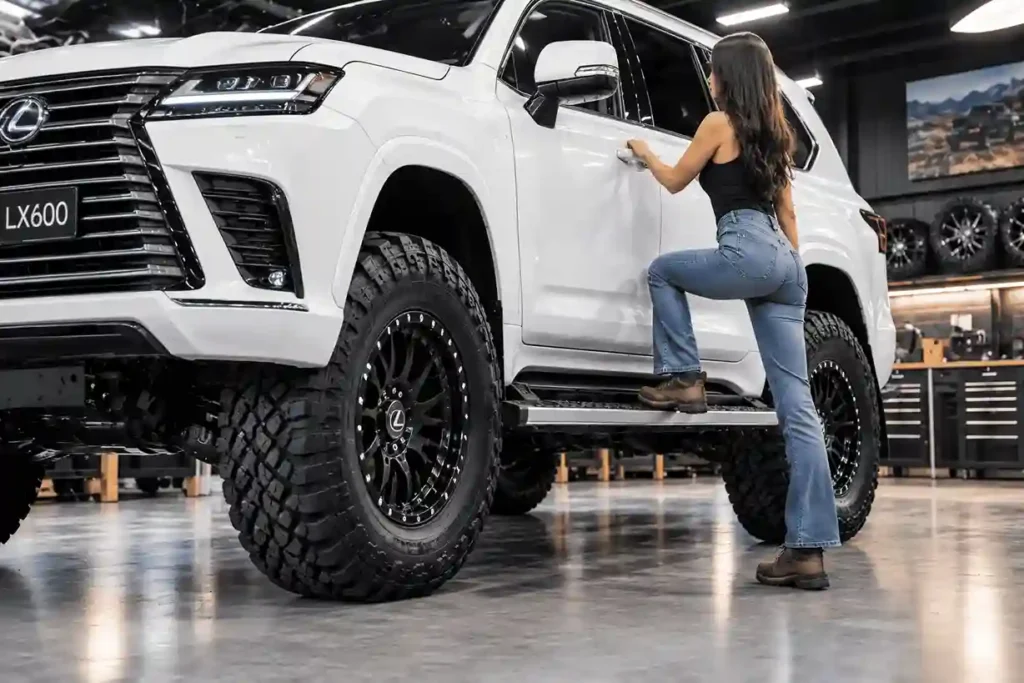 Woman stepping onto Lexus electric running boards to enter a white lifted Lexus LX600 with off-road tires in a garage.