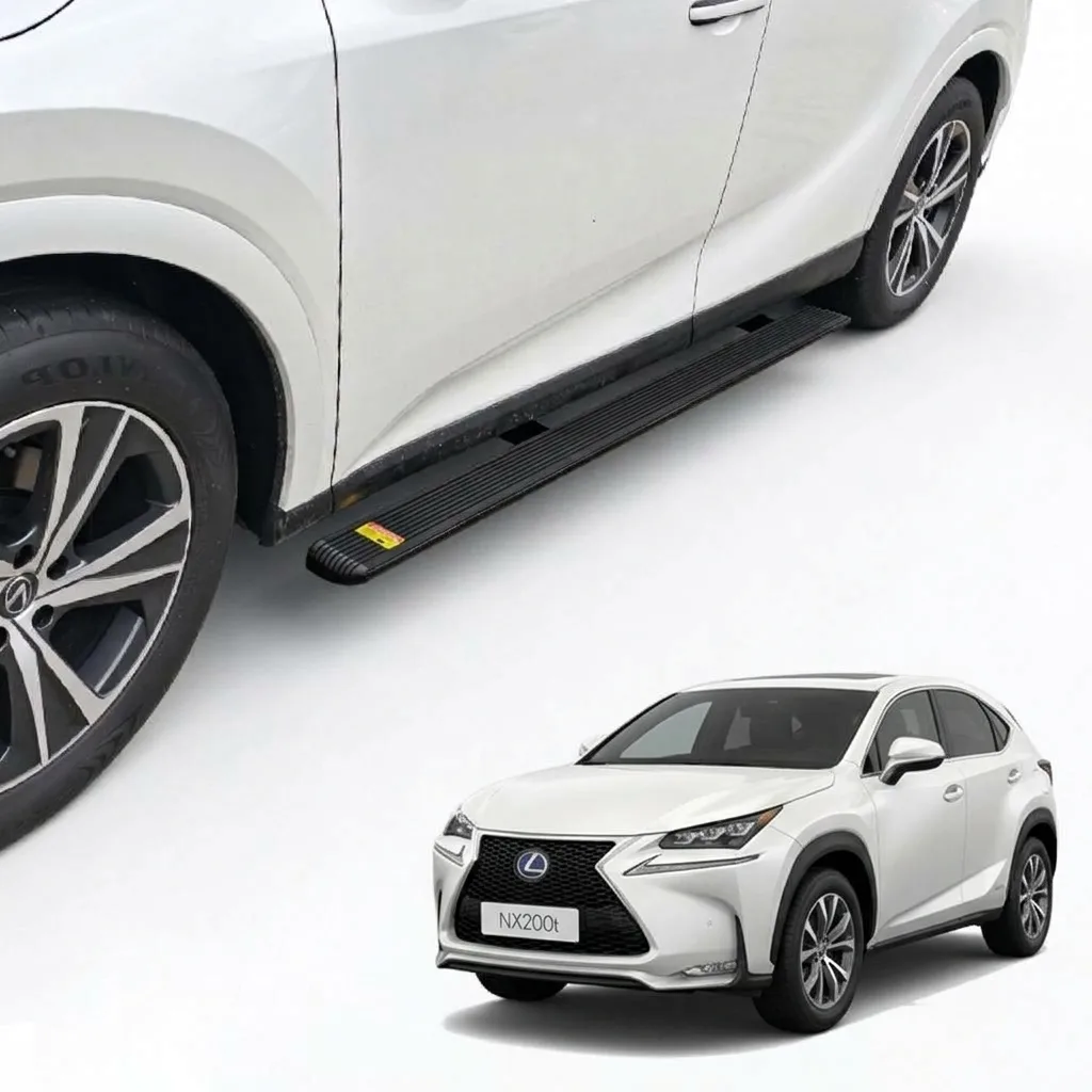 Close-up shot of Lexus NX200t electric running board side step installed on white Lexus NX200t, automatic retractable power side pedal