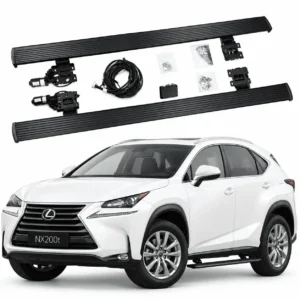 Complete kit of Lexus NX200t electric running boards, includes pair of aluminum running boards, motors, wiring harness, ECU controller and mounting brackets