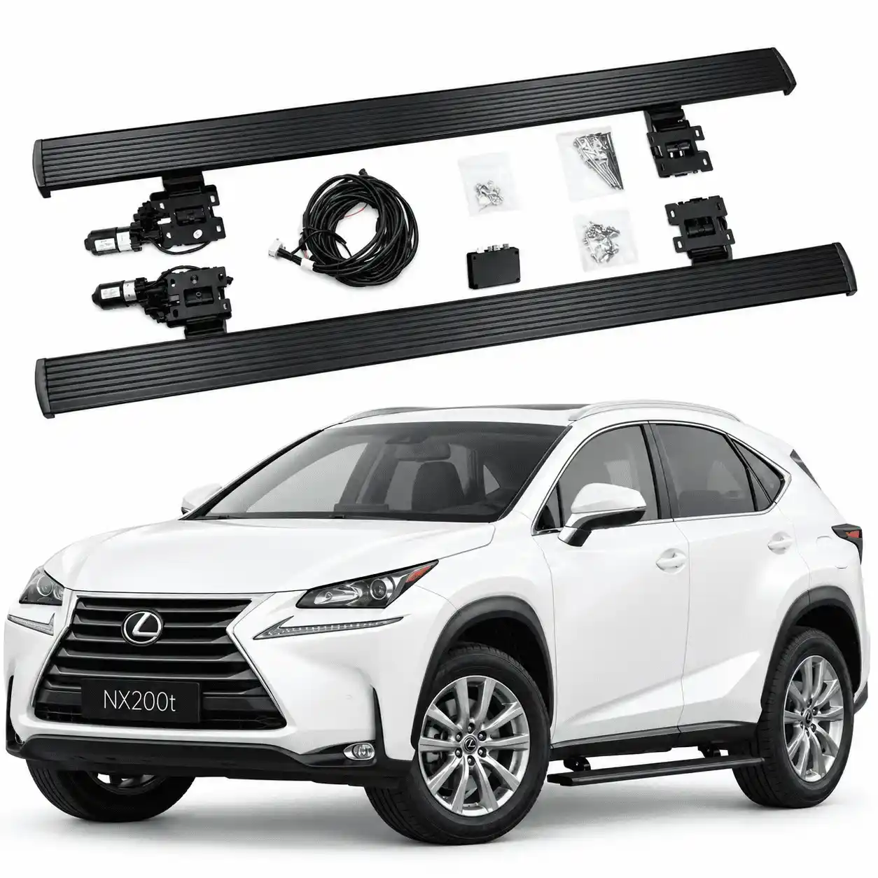 Complete kit of Lexus NX200t electric running boards, includes pair of aluminum running boards, motors, wiring harness, ECU controller and mounting brackets