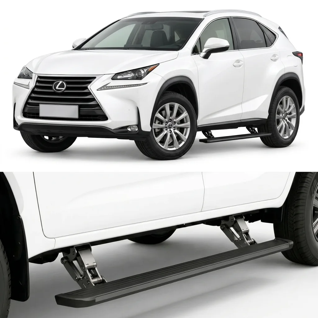 Lexus NX200t electric running boards automatic retractable side steps, black aluminum power side pedal mounted on white Lexus NX200t SUV, open door extended running board