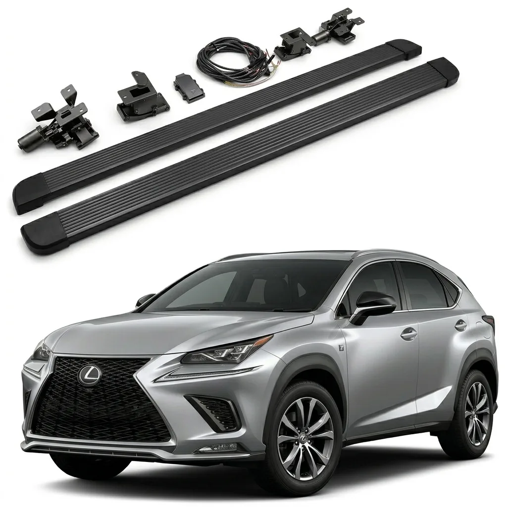 Complete set of Lexus NX300 electric running boards kit, including aluminum side pedals, motors, mounting brackets, wiring harness and ECU controller for Lexus NX300