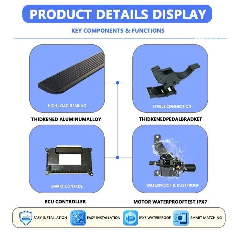 Lexus NX300 electric running boards product details, thickened high load aluminum step, stable bracket, IPX7 waterproof motor, ECU smart controller, easy installation