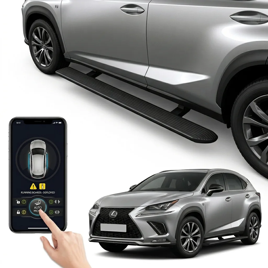 Lexus NX300 electric running boards automatic retractable side step, smart mobile phone app control, deployed power running board fitted on silver Lexus NX300 SUV