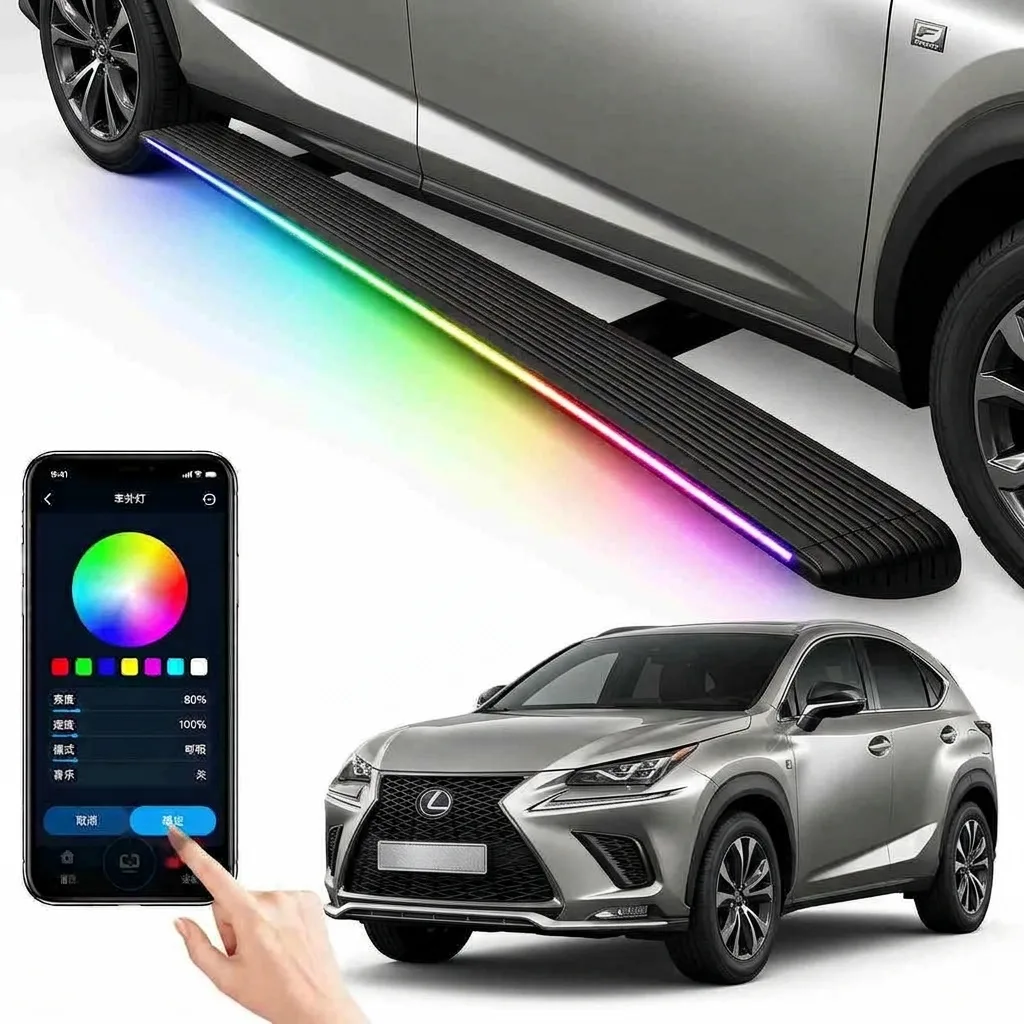 Lexus NX300 electric running boards with colorful RGB LED light, automatic retractable side step, mobile app color control, installed on silver Lexus NX300 SUV