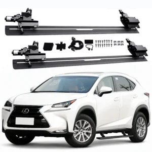 Complete lexus nx350 electric running boards kit with step bars, motors, brackets, and hardware displayed above a white Lexus NX350 SUV.