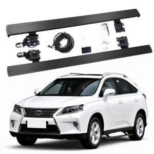 Complete lexus rx350 electric running boards kit with motors, brackets, and wiring shown above a white Lexus RX SUV with the steps installed.