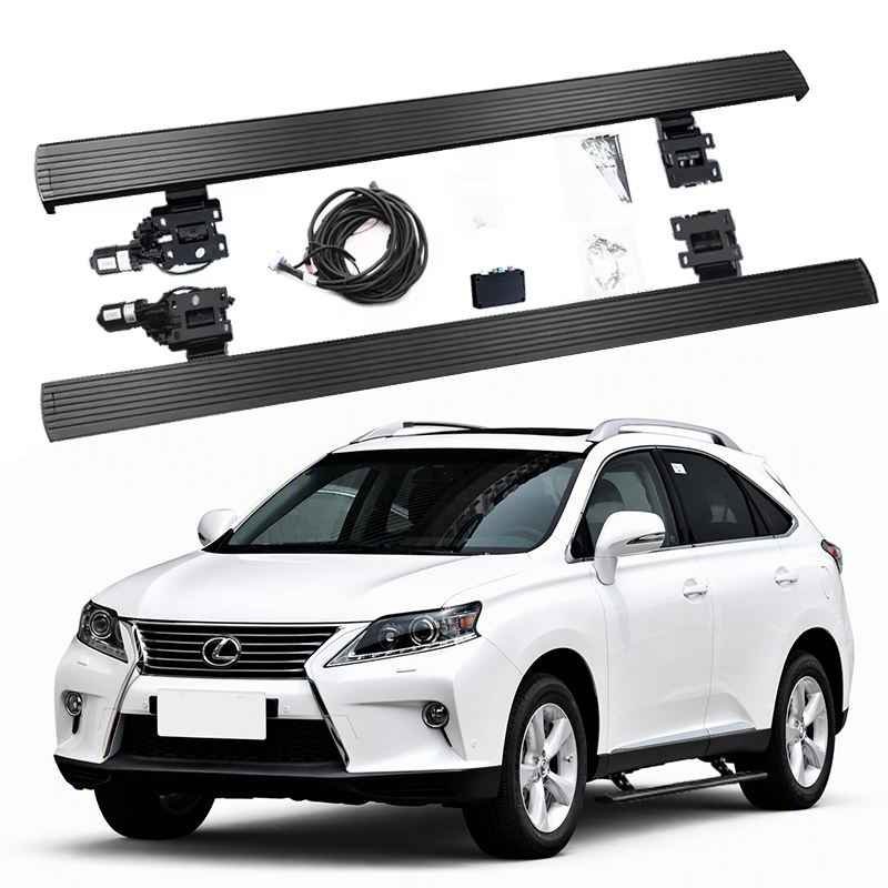 Complete lexus rx350 electric running boards kit with motors, brackets, and wiring shown above a white Lexus RX SUV with the steps installed.