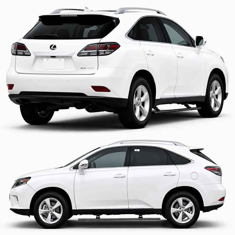 Rear and side view of a white Lexus RX350 featuring retracted lexus rx350 electric running boards.