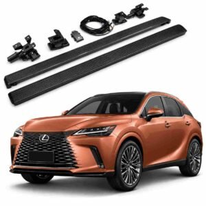 Complete lexus rx350h electric running boards kit with motors, brackets, wiring, and control module shown above a copper Lexus RX SUV.