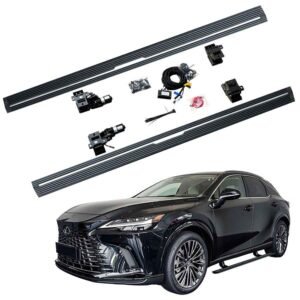 Complete lexus rx450h electric running boards kit with motors, wiring, and brackets shown above a black Lexus RX SUV with the boards installed.