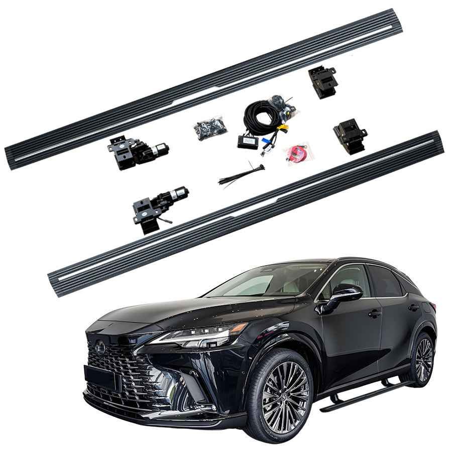 Complete lexus rx450h electric running boards kit with motors, wiring, and brackets shown above a black Lexus RX SUV with the boards installed.
