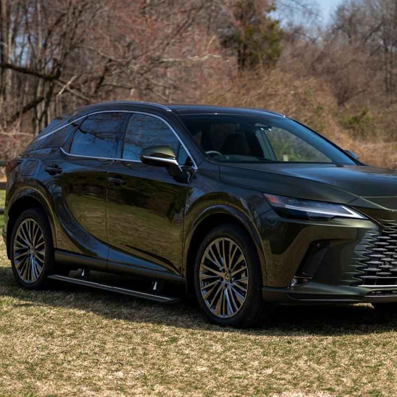 Dark Lexus RX SUV parked on grass in a wooded area featuring lexus rx450h electric running boards.