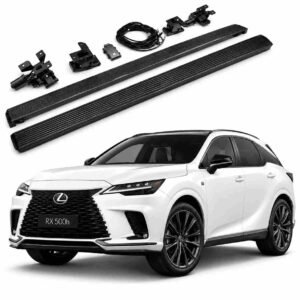 Complete lexus rx500h electric running boards kit with motors, wiring, and brackets displayed above a white Lexus RX 500h SUV.