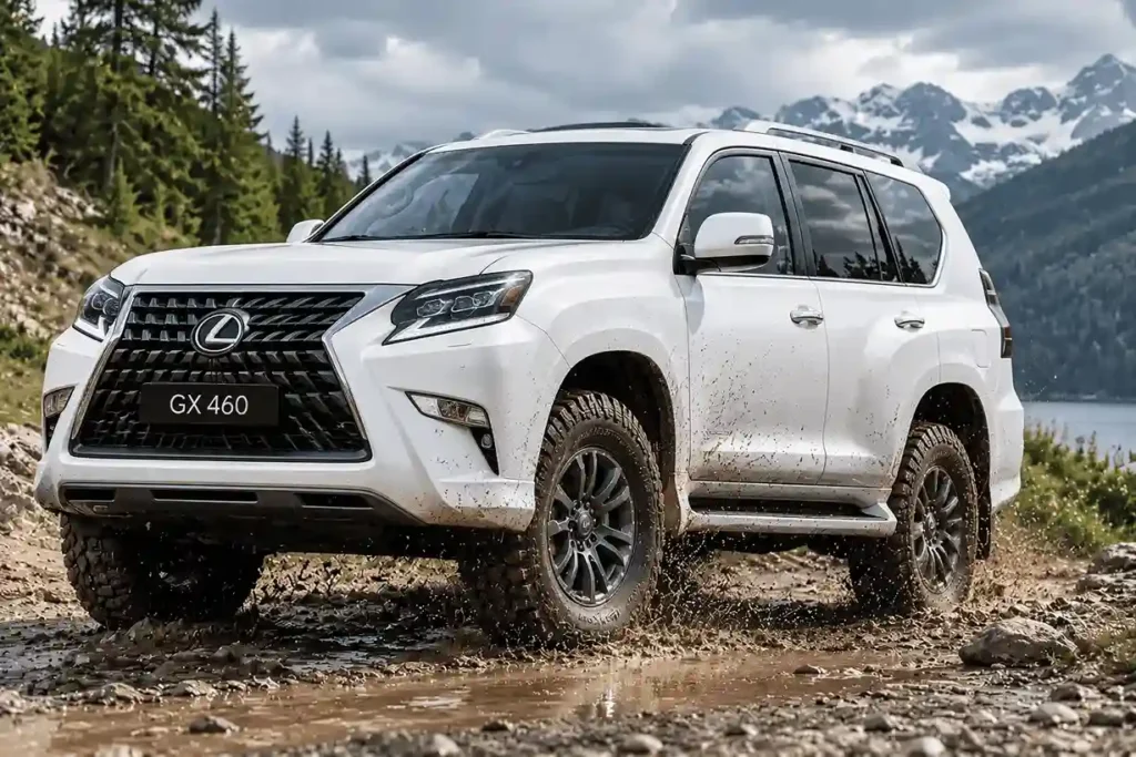 Mud-splattered white Lexus GX460 with Lexus electric running boards driving through a muddy puddle near a lake and mountains.