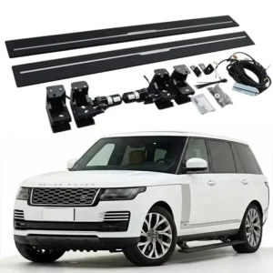 Full product kit for Range Rover LWB Electric Side Steps, featuring dual running boards, motors, mounting brackets, and wiring harness, displayed above a white Range Rover.
