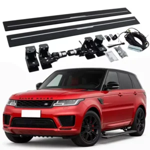 Complete Range Rover Sport Electric Side Steps kit including motors, mounting brackets, wiring harness, and running boards, displayed with a red Range Rover Sport.