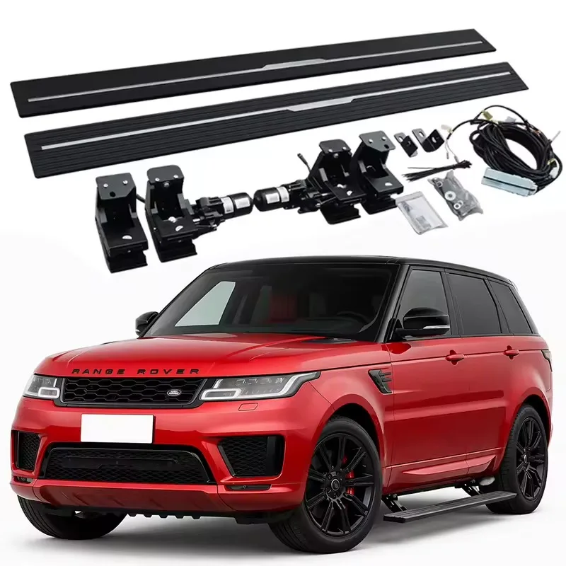 Complete Range Rover Sport Electric Side Steps kit including motors, mounting brackets, wiring harness, and running boards, displayed with a red Range Rover Sport.