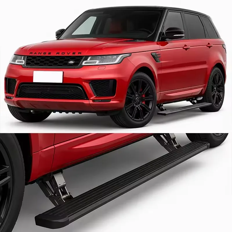 ed Range Rover Sport featuring deployed Range Rover Sport Electric Side Steps, with a close-up inset showing the heavy-duty motor and bracket mechanism.