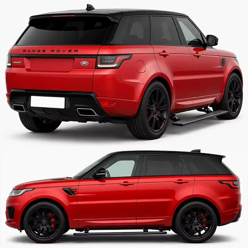 Rear and side view of a red Range Rover Sport, showcasing the sleek profile of the retracted Range Rover Sport Electric Side Steps.