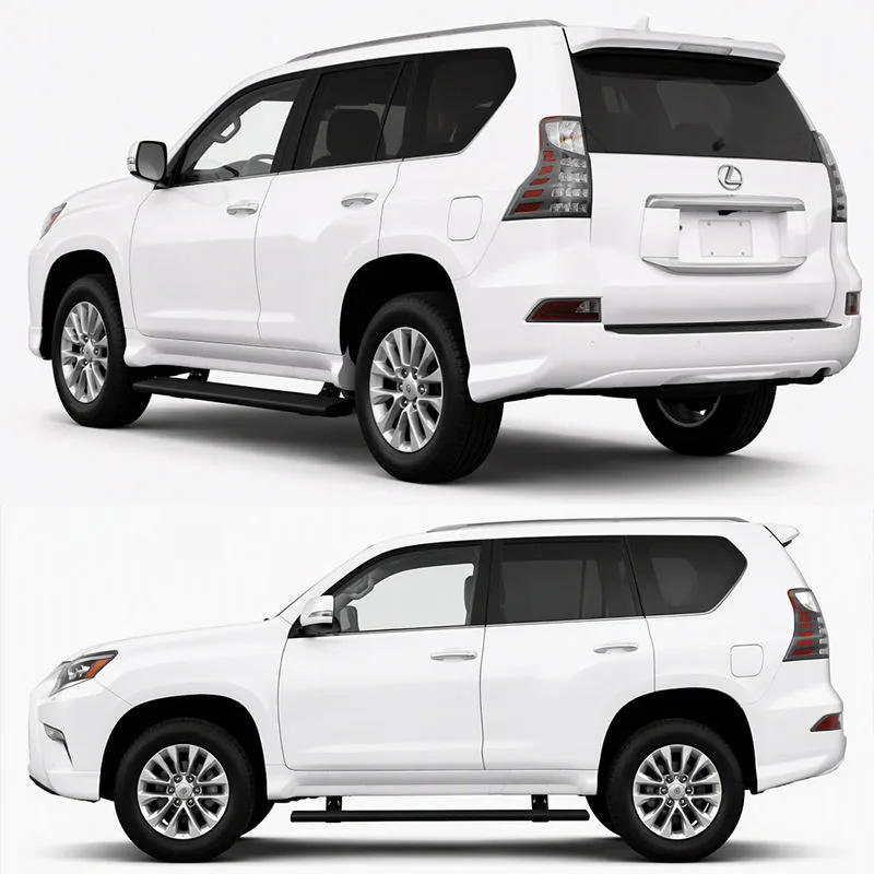 Rear and side view of a white Lexus GX460 featuring lexus gx460 electric running boards in the retracted position.