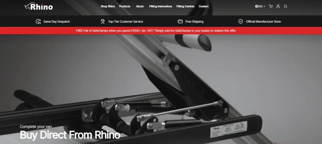 Rhino Products electric side steps manufacturers in UK showing a roof rack system and van accessories.