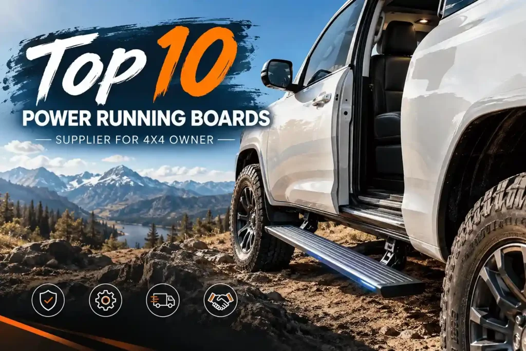 Top 10 power running boards supplier for 4x4 owners, featuring a white pickup truck with deployed electric side steps in a rugged mountain landscape.