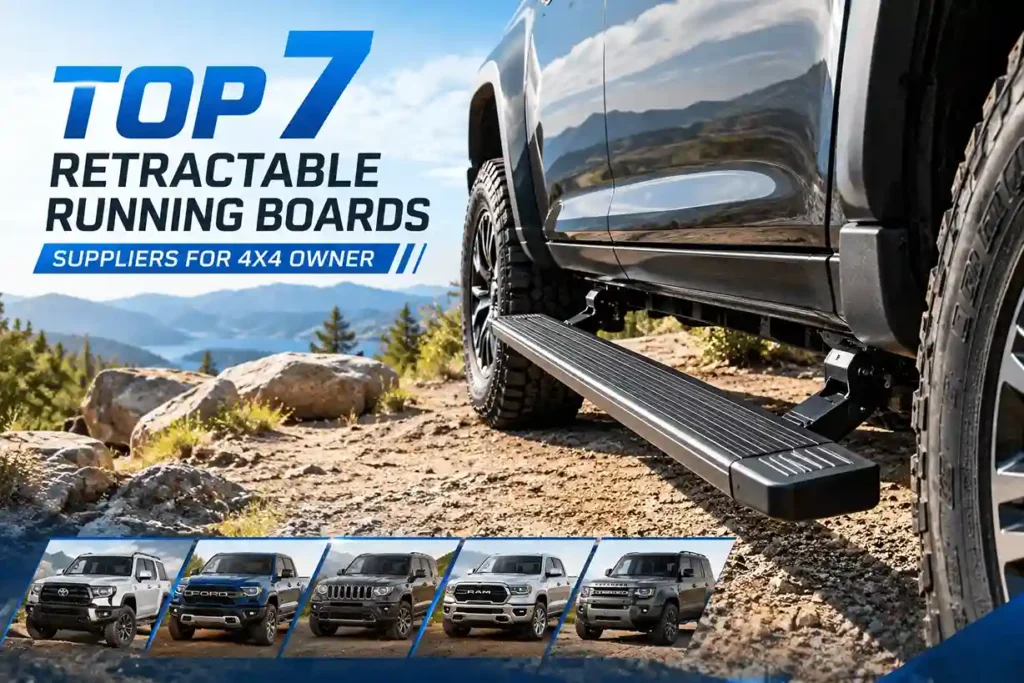 Top 7 retractable running boards suppliers for 4x4 owners, featuring a deployed electric side step on a black pickup truck with various compatible vehicle models below.