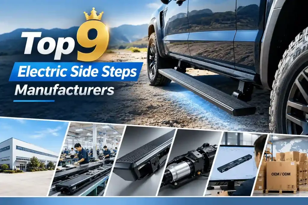 Top 9 electric side steps manufacturers banner featuring a pickup truck with deployed illuminated steps, factory assembly line, motor mechanism, CAD design, and OEM ODM packaging.