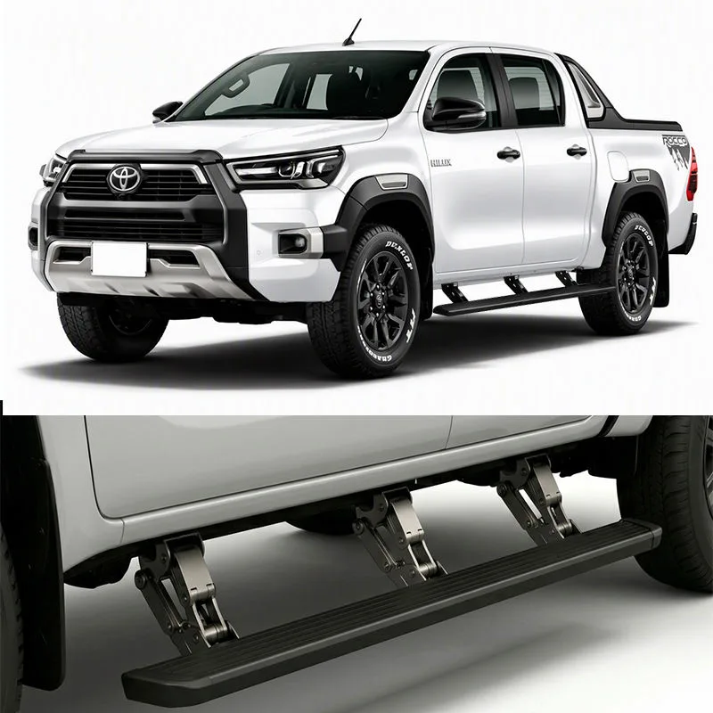 Front three-quarter view of a white Toyota Hilux equipped with extended Hilux power running boards, with a bottom inset detailing the electric step hinge and motor mechanism.