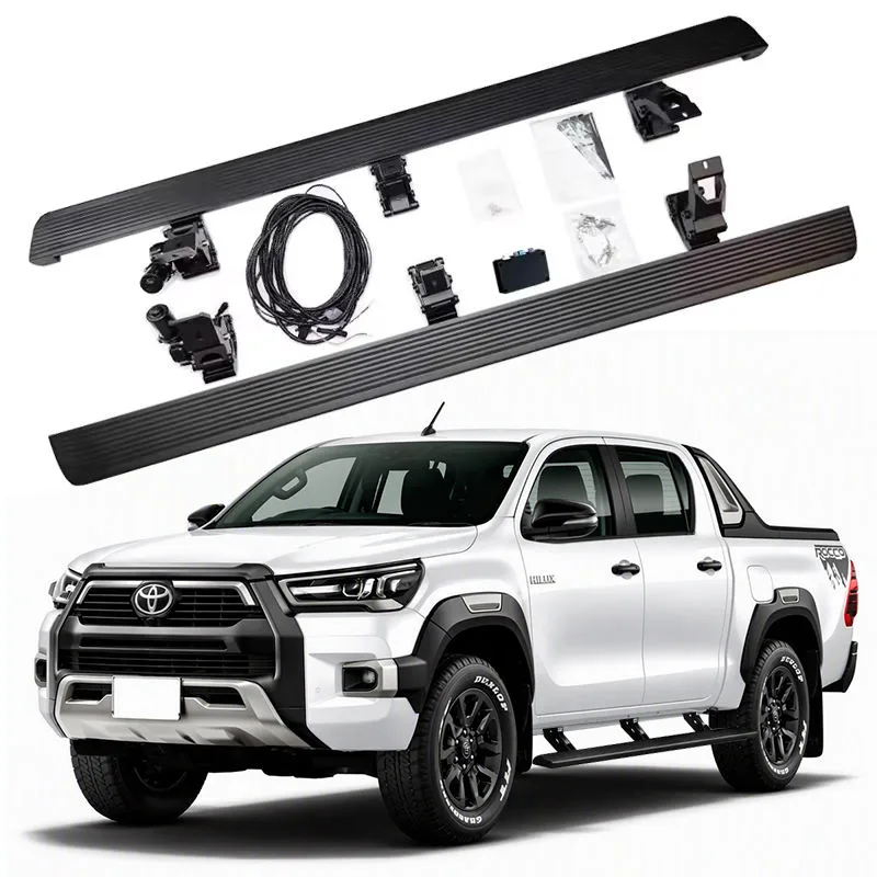 Complete Toyota Hilux power running boards kit featuring dual electric side steps, motors, wiring harness, and mounting brackets displayed above a white Hilux pickup.