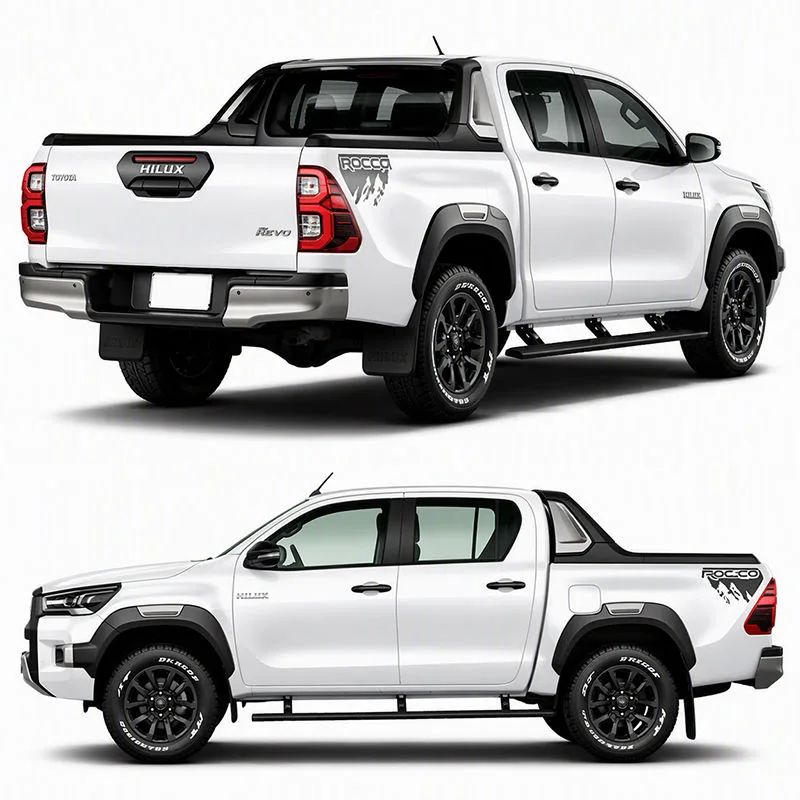 Rear and side profile of a white Toyota Hilux with Hilux power running boards in the retracted position, sitting flush against the truck's rocker panel.