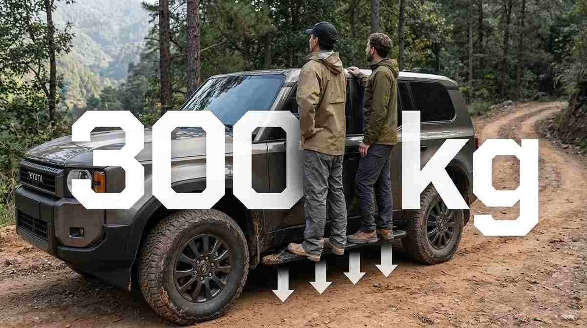 Close-up of a mud-covered electric running board deployed on a dirty off-road SUV.