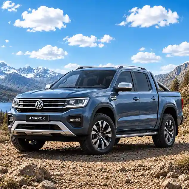 A blue Volkswagen Amarok pickup truck equipped with Volkswagen electric running boards, parked on a rocky terrain with a mountain range and lake in the background.