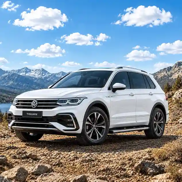 A white Volkswagen Tiguan SUV fitted with Volkswagen electric running boards, parked on a rocky off-road path with snow-capped mountains in the distance.