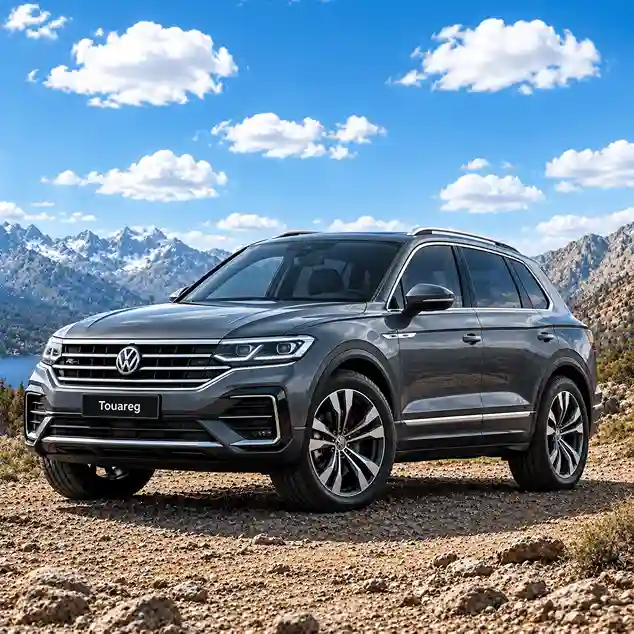 A grey Volkswagen Touareg SUV featuring Volkswagen electric running boards, parked on a rocky trail against a scenic mountain and lake backdrop.