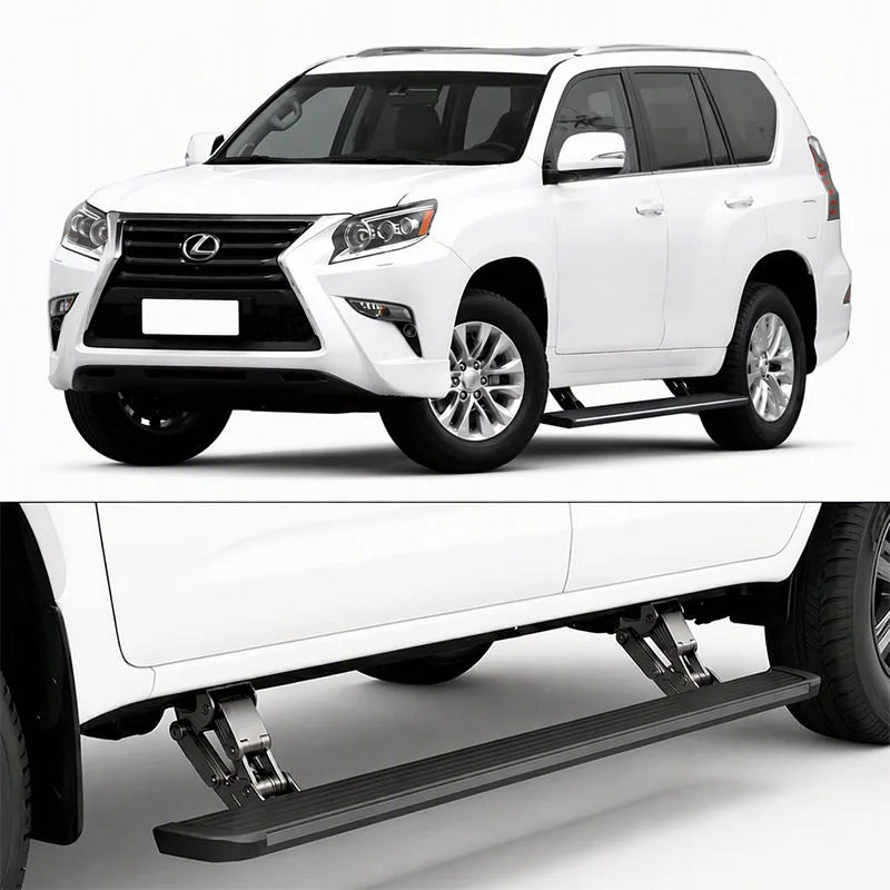 White Lexus GX460 SUV equipped with lexus gx460 electric running boards, including a close-up of the deployed step and motor mechanism.