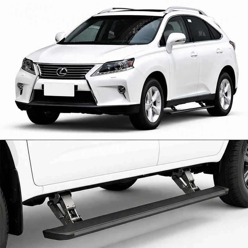 Front view of a white Lexus RX350 equipped with lexus rx350 electric running boards, shown with a close-up of the deployed step mechanism.