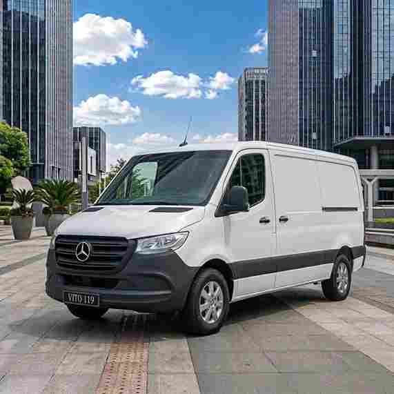 White Mercedes-Benz Vito 119 van in a city setting, equipped with mercedes-benz-electric-running-boards.